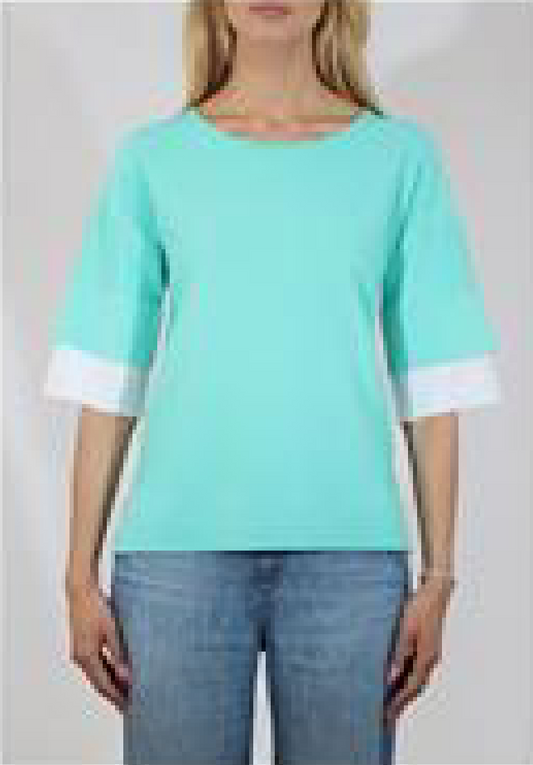 Scoop Neck Elbow Sleeve Pullover with Contrast Color Cuffs - 52602SP26